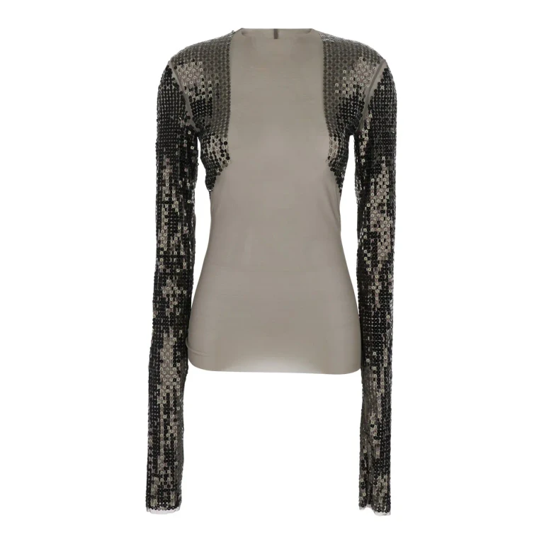 Long-Sleeve Sequin-Embellished Slim Fit Top with Crew Neck (RP01F6264TUSEM63494)