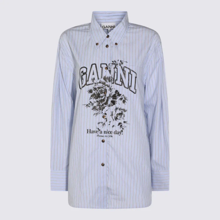 Ganni Light Blue And Black Cotton Shirt