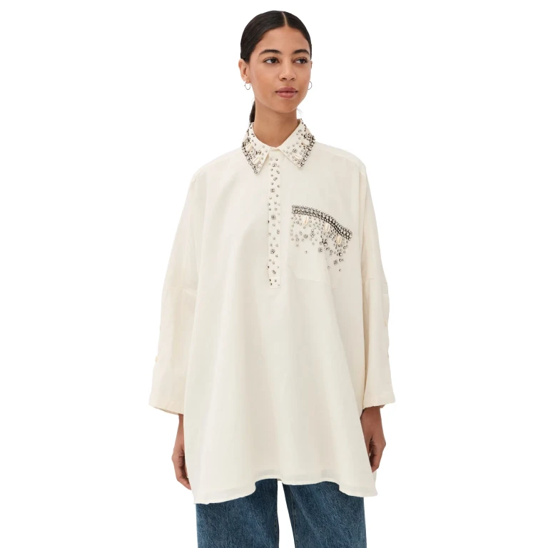 La Vie Style House Cowrie Shell Jeweled Boyfriend Shirt White One Size