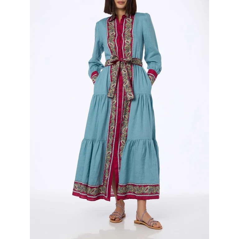 MC2 Saint Barth Woman Light Blue Linen Dress Jensen With Paisley Placed Print