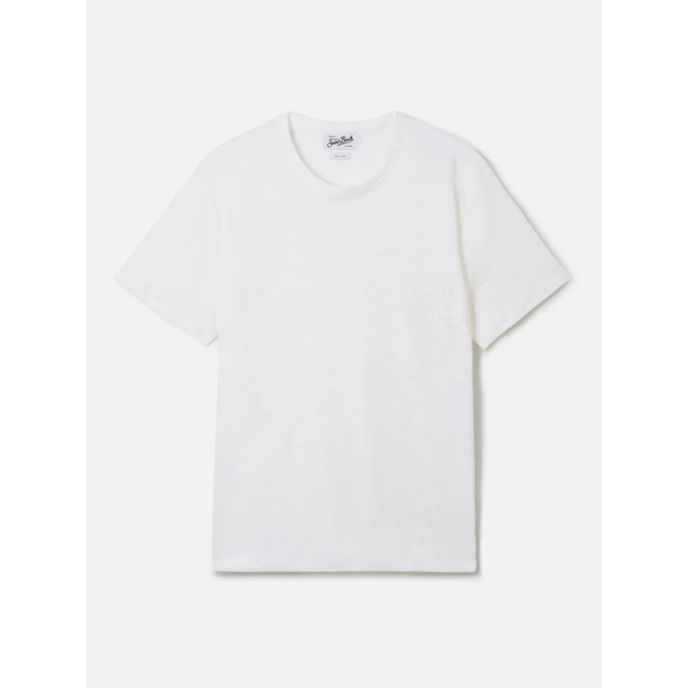 Mc2 Saint Barth White Ecstasea Pure Linen T-Shirt With Logo Embroidery - Men