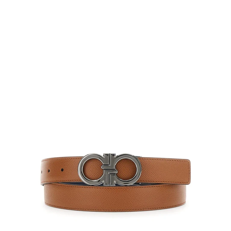 Ferragamo Beige Reversible Belt With Gancini Buckle In Hammered Leather Man