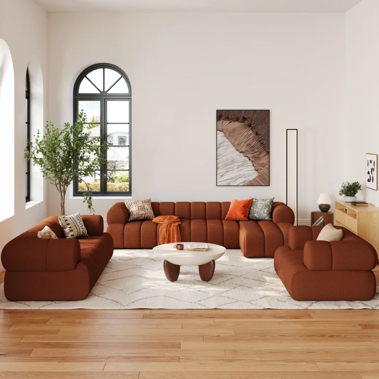 Modern Chenille Beige Upholstered Accent Chair 118" Channeled 3-Piece Sectional L-Shaped Sofa with Chaise
