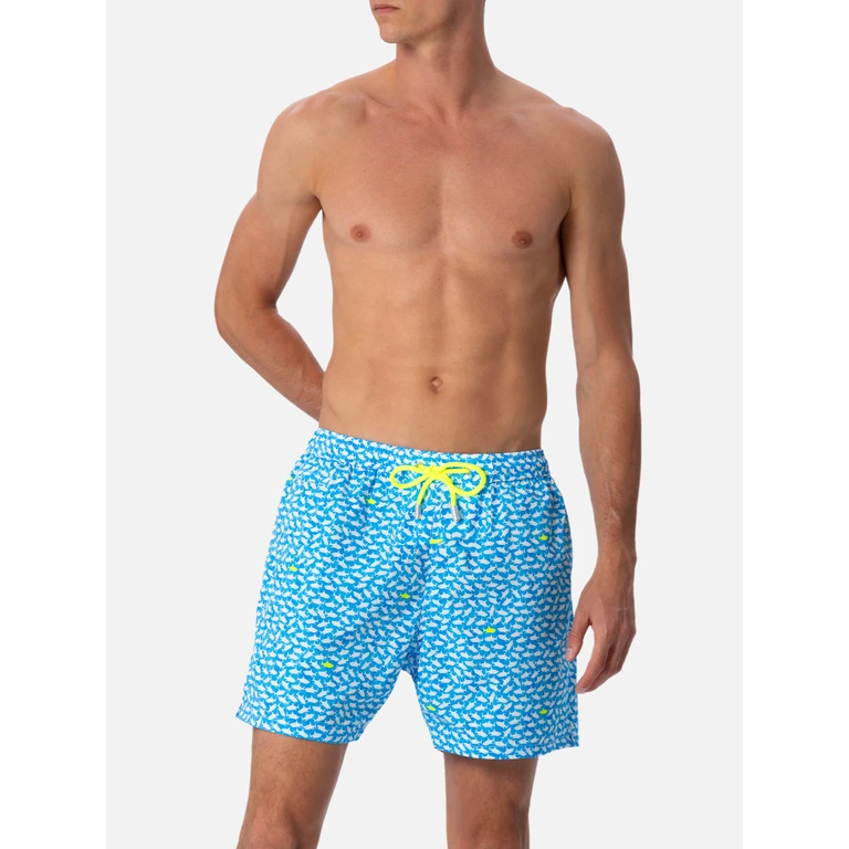 Mc2 Saint Barth Comfort Light Classic Stretch Swim Shorts With Sharks Print Bluette Swimshort - Men