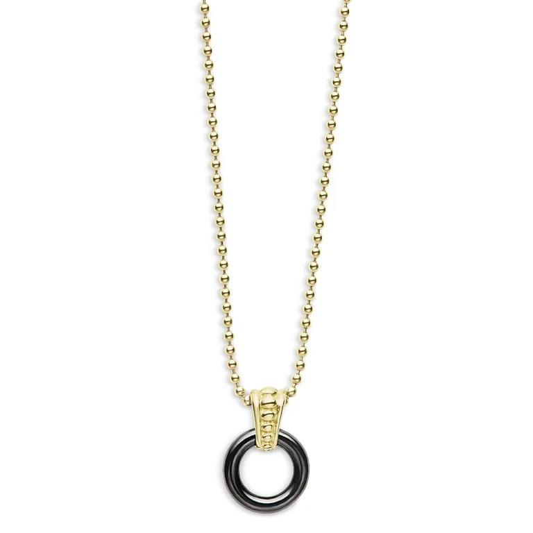 Lagos Meridian 18K Yellow Gold Black Caviar Ceramic 9mm Circle Pendant Necklace, 18