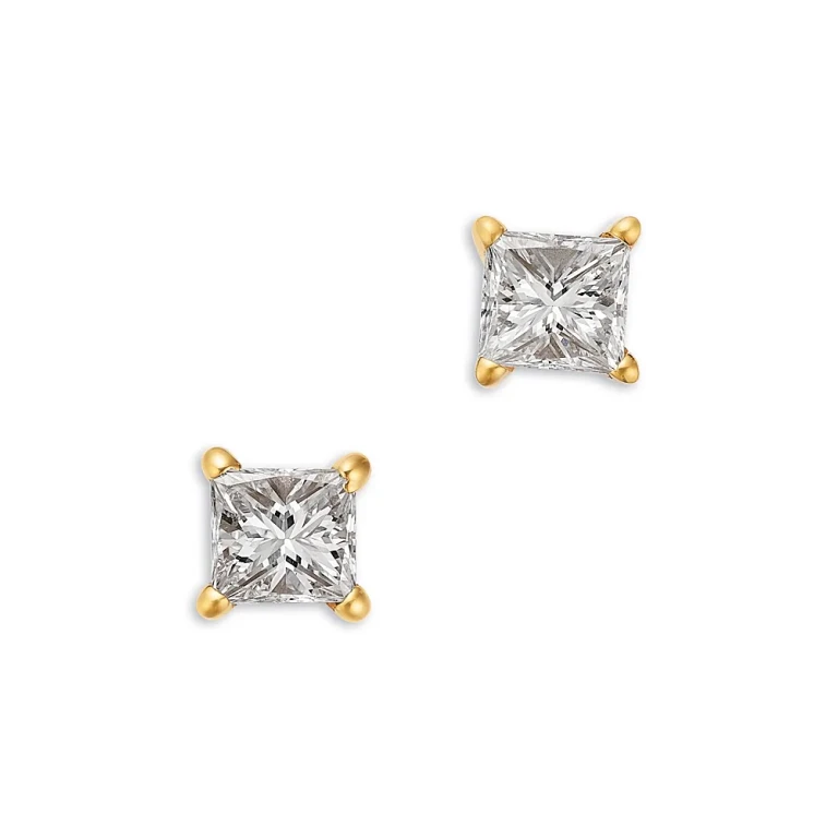 Diamond Princess Cut Stud Earrings in 14K Yellow Gold, 0.50 tcw