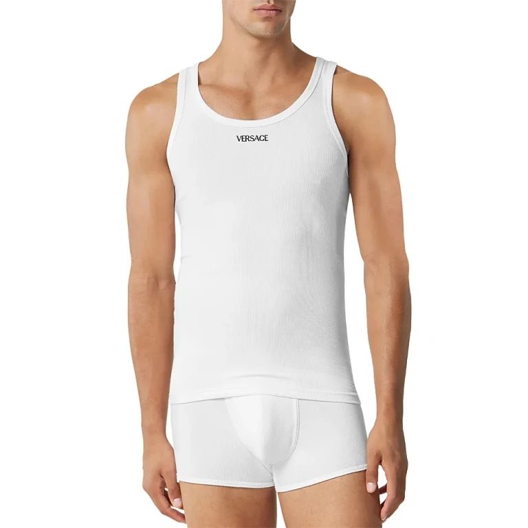 Versace Cotton Blend Ribbed Logo Embroidered Tank
