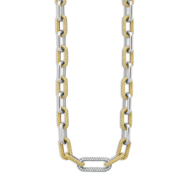 Lagos 18K Yellow Gold & Silver Caviar Lux-Clip Diamond Link Necklace, 18 - Exclusive