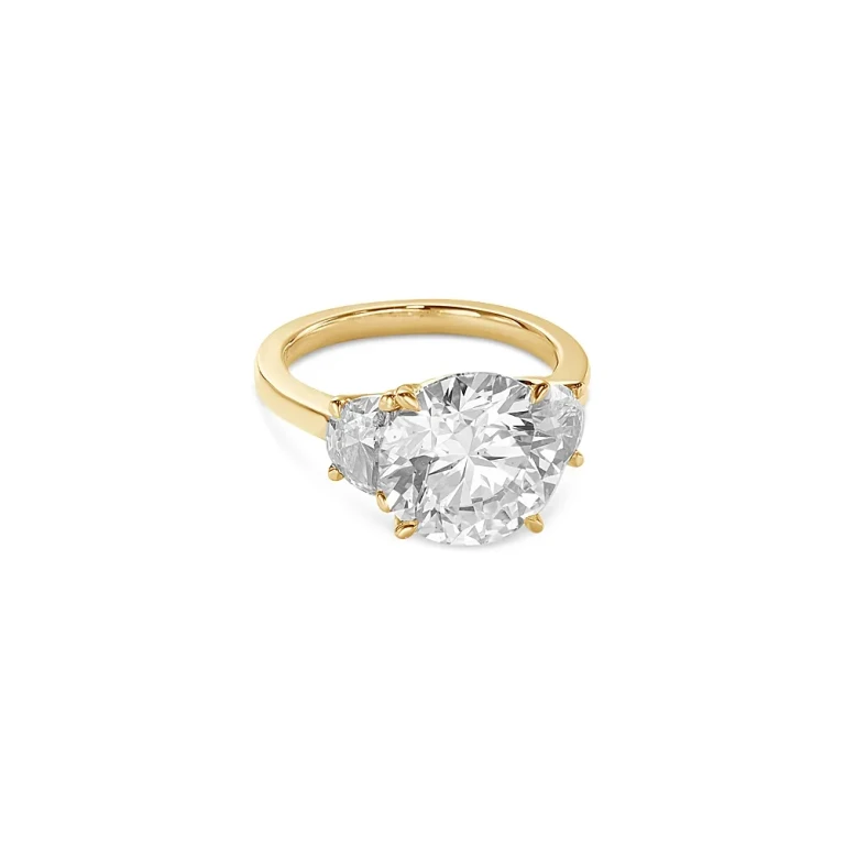 Certified Lab Grown Diamond Round & Half Moon Three Stone Engagement Ring in 18K Yellow Gold, 7.80 tcw