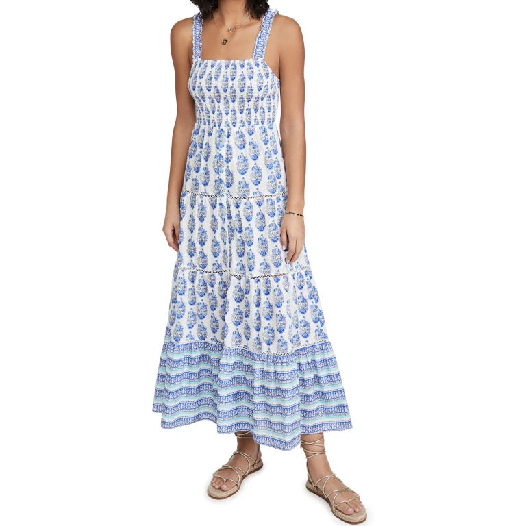 Playa Lucila Smock Border Dress Blue Border Print Combo L