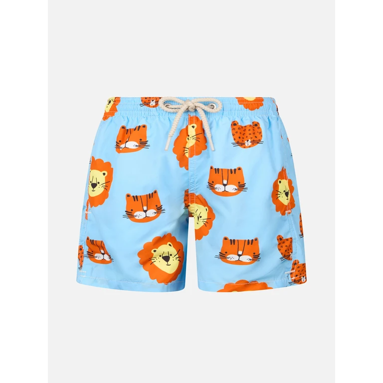 Mc2 Saint Barth Boy Lightweight Fabric Swim-Shorts Jean Lighting With Lions Print Sky Swimshort