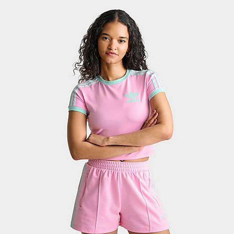 adidas Women's Originals adicolor 3-Stripes Baby T-Shirt in True Pink/Clear Mint Size: XS