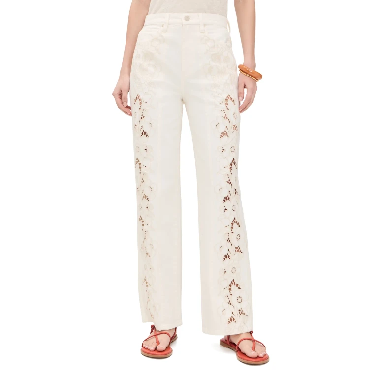 PAIGE Sawyer Wide Leg Jeans Tonal Ecru Embroidered 25