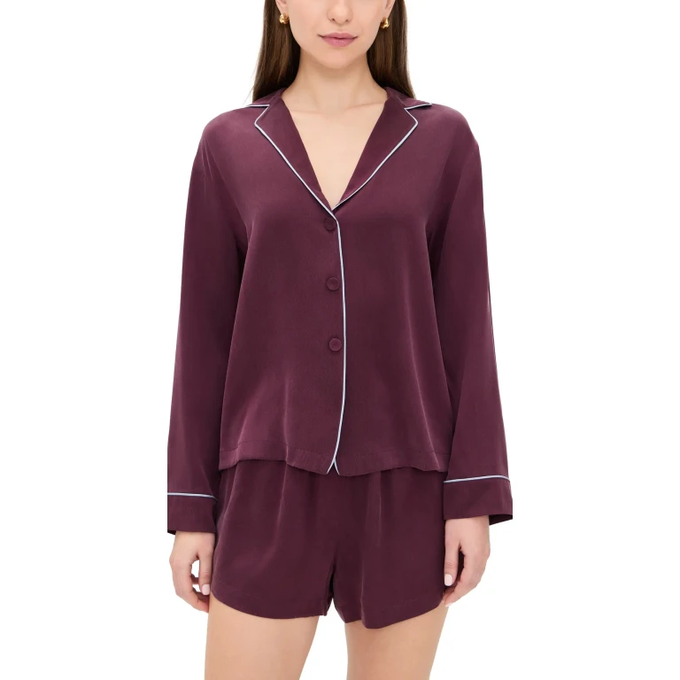 Lunya Washable Silk Piped Button Up Long Sleeve and Shorts Pajama Set Vintage Merlot/Frosted Lagoon M