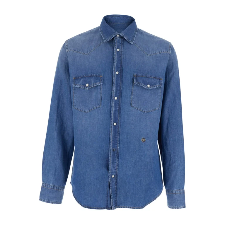 Jacob Cohen Blue western Shirt With Classic Collar And Long Sleeves In Cotton And Linen For Men