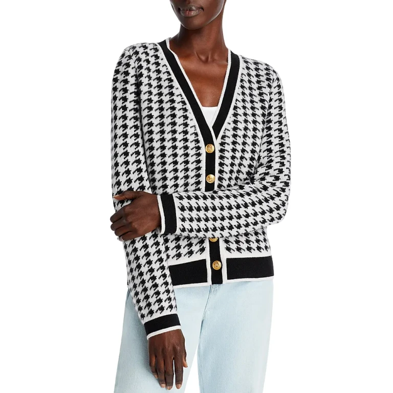 Houndstooth Contrast Trim Cashmere Cardigan - Exclusive