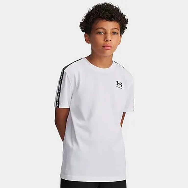 Under Armour Boys Big Kids Sportstyle Taped T-Shirt in White/Black Size: Small