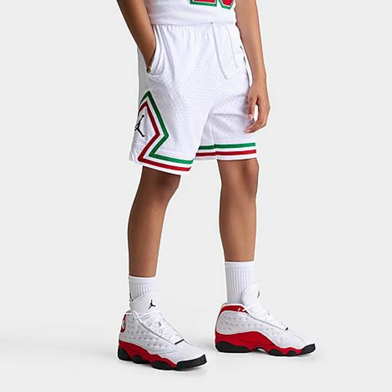Jordan Big Kids Dri-FIT Diamond Mesh Basketball Shorts in White/Red/Green Size: Small