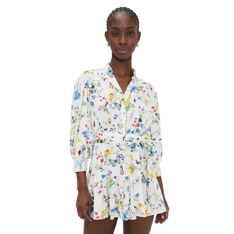 ALICE + OLIVIA Cora Tiered Mini Shirt Dress Twisting Vines Off White S