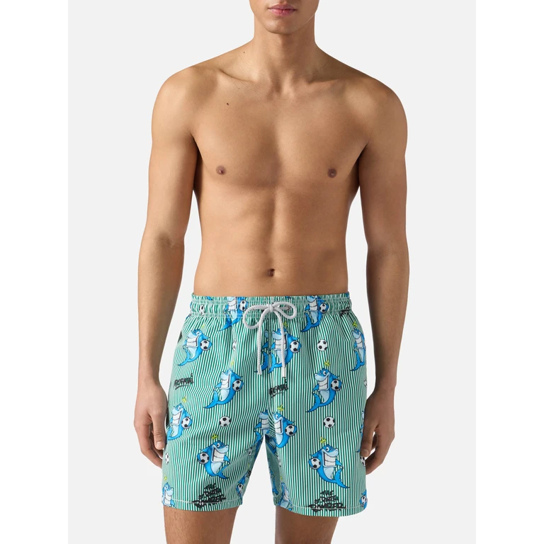 Mc2 Saint Barth Gustavia Striped Swim Shorts With Shark Print Special Edition Green Swimshort - Men