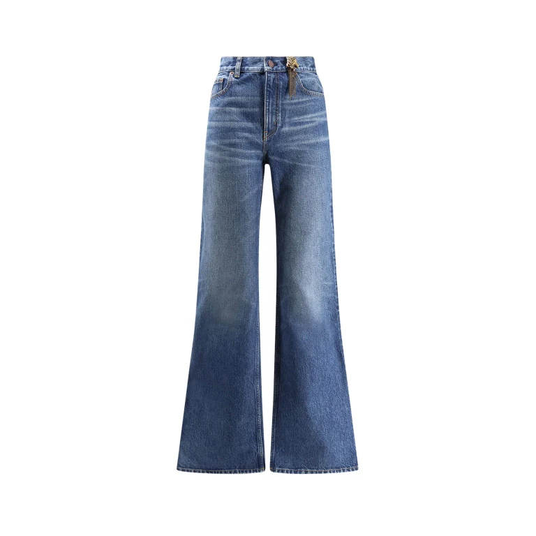 Chloé Blue Jeans With Wide Leg And Pendant Charm On The Front In Denim Feminino