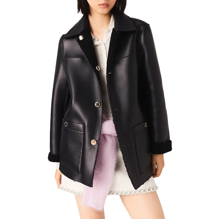 Maje Reversible Faux Leather Fleece Jacket