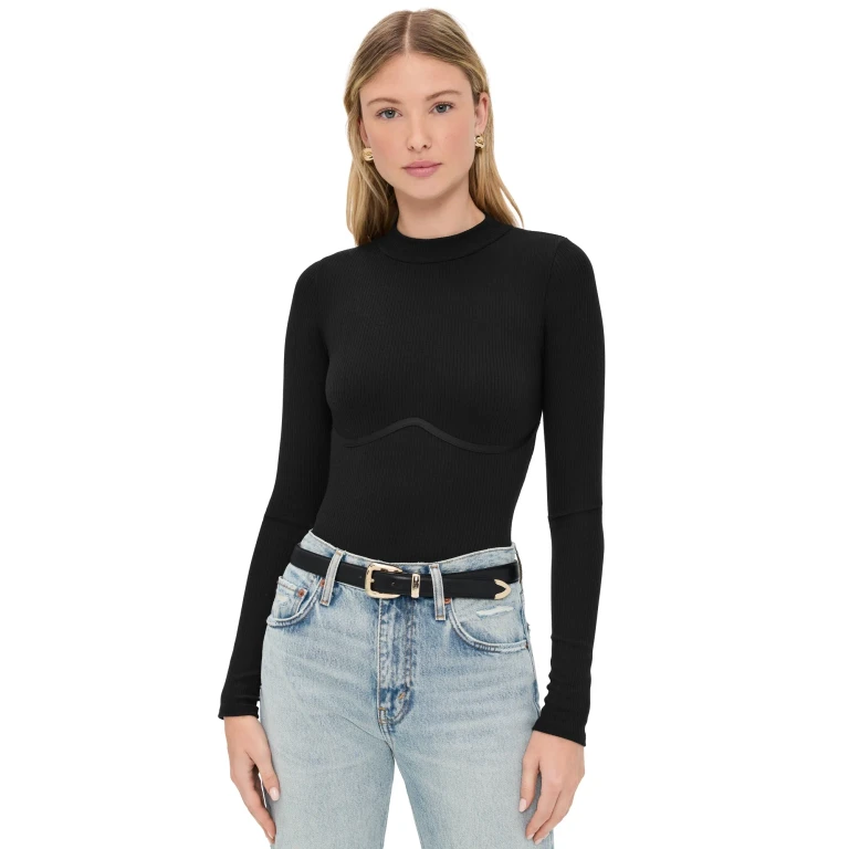 Fleur du Mal Hourglass Rib Mock Neck Thong Bodysuit Black XS