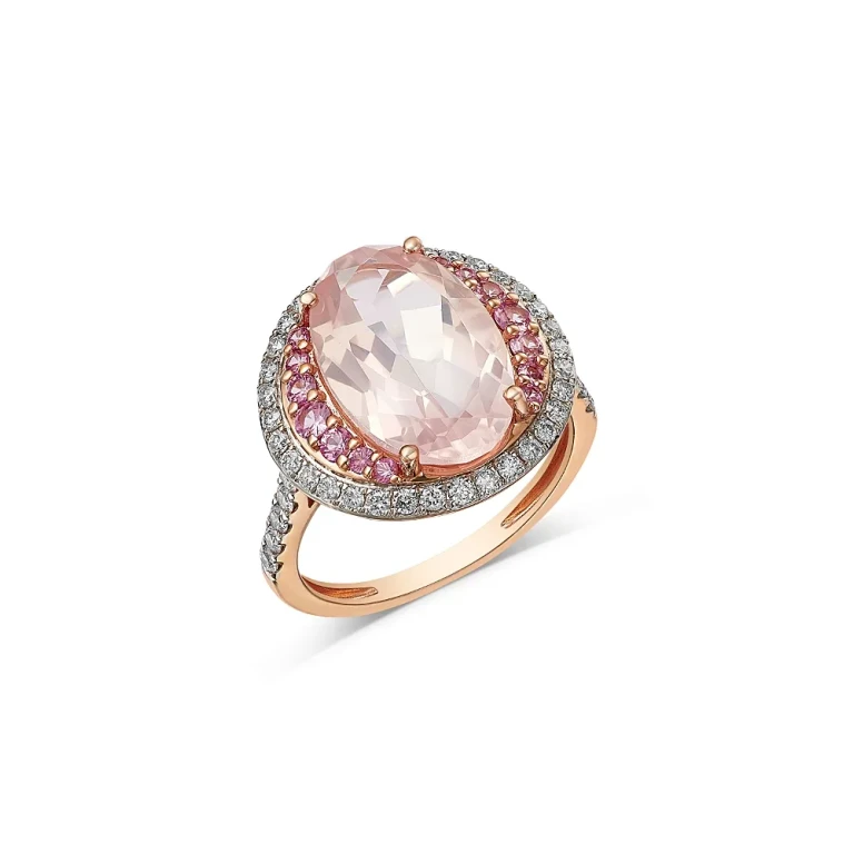 Fine Collection Rose Quartz, Pink Sapphire & Diamond Halo Ring in 14K Rose Gold