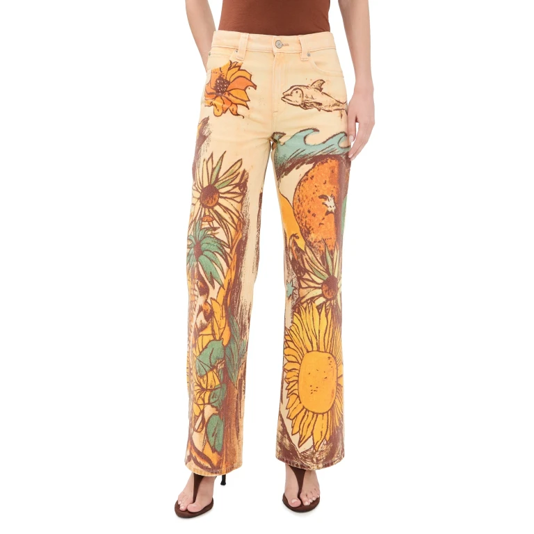 Free People Printed Straight Leg Jeans Beach Scene 29