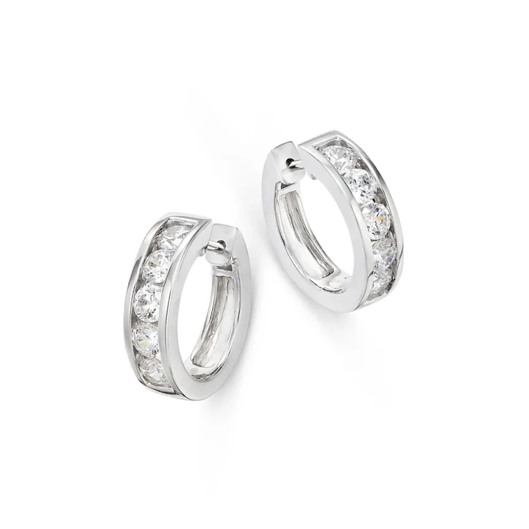 Diamond Channel Set Small Hoop Earrings in 14K White Gold, 1.50 tcw