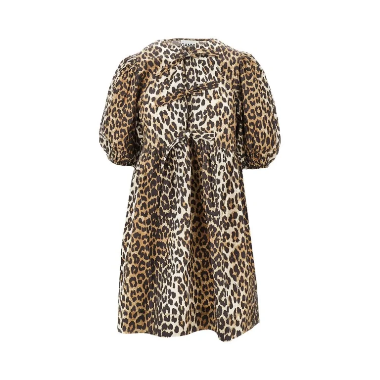 Vestido corto de algodón con estampado de leopardo GANNI