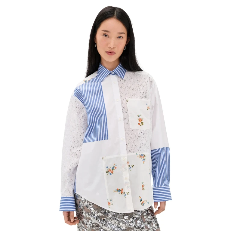 MSGM Patchwork Button Down Shirt Off White Blue 46