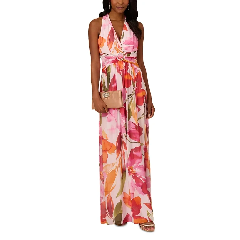 Adrianna Papell Floral Print Chiffon Gown