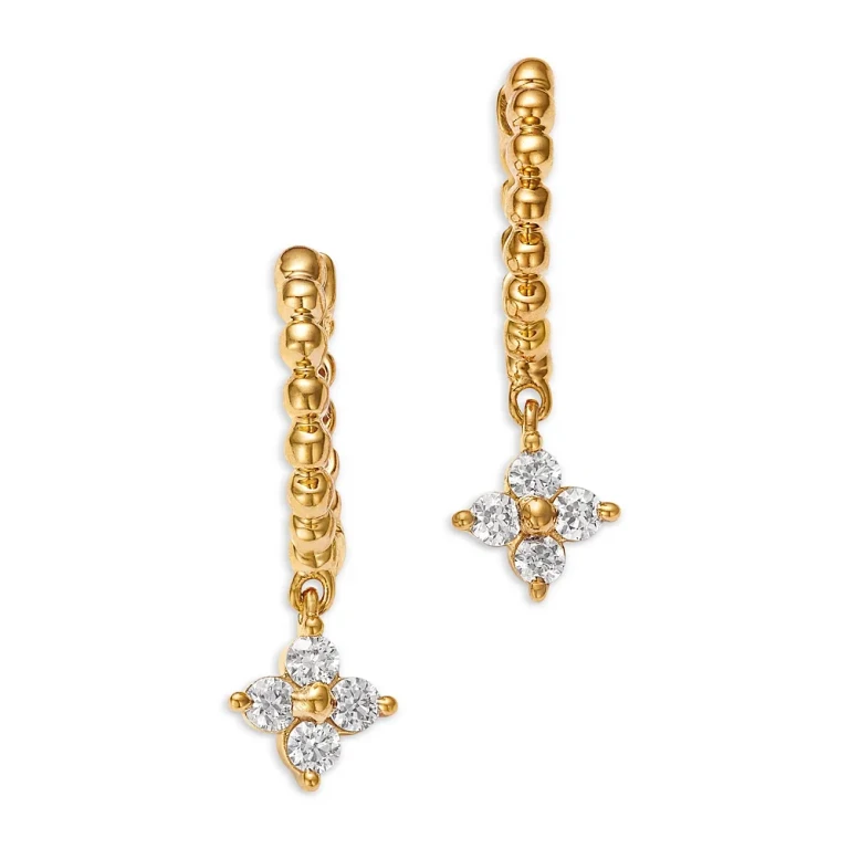 Diamond Flower Dangle & Polished Bead Huggie Hoop Earrings in 14K Yellow Gold, 0.25 tcw