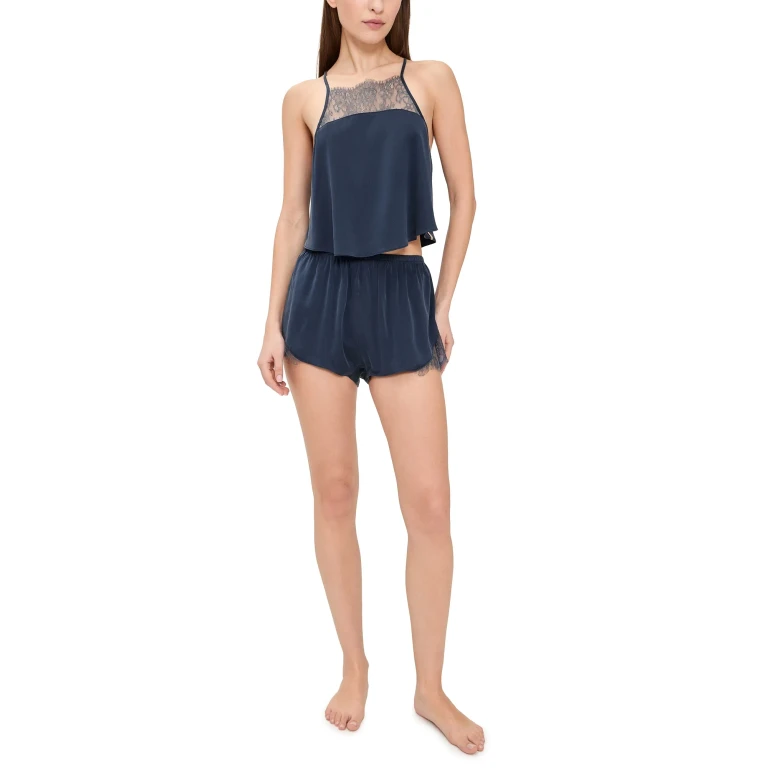 Lunya Washable Silk Lace Cami Shorts Set Deep Blue L