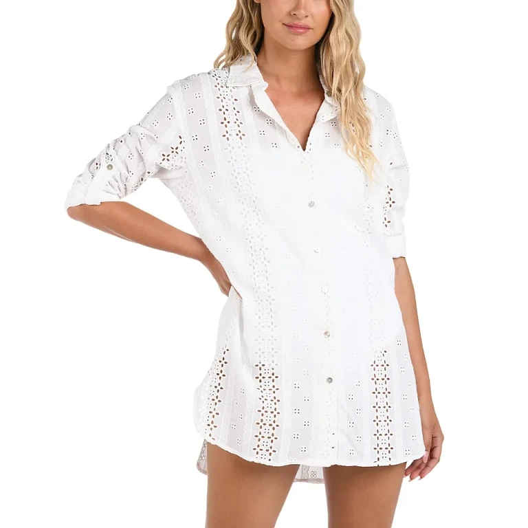 La Blanca Eyelet Camp Shirt Swim Cover-Up