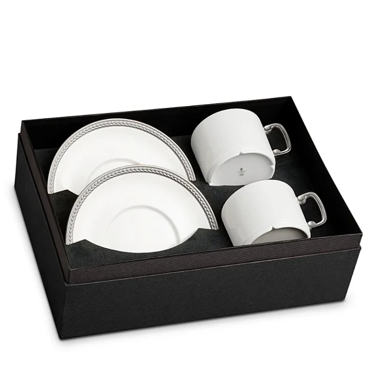 L'Objet Soie Tresse Platinum Tea Cup & Saucer Service for 2