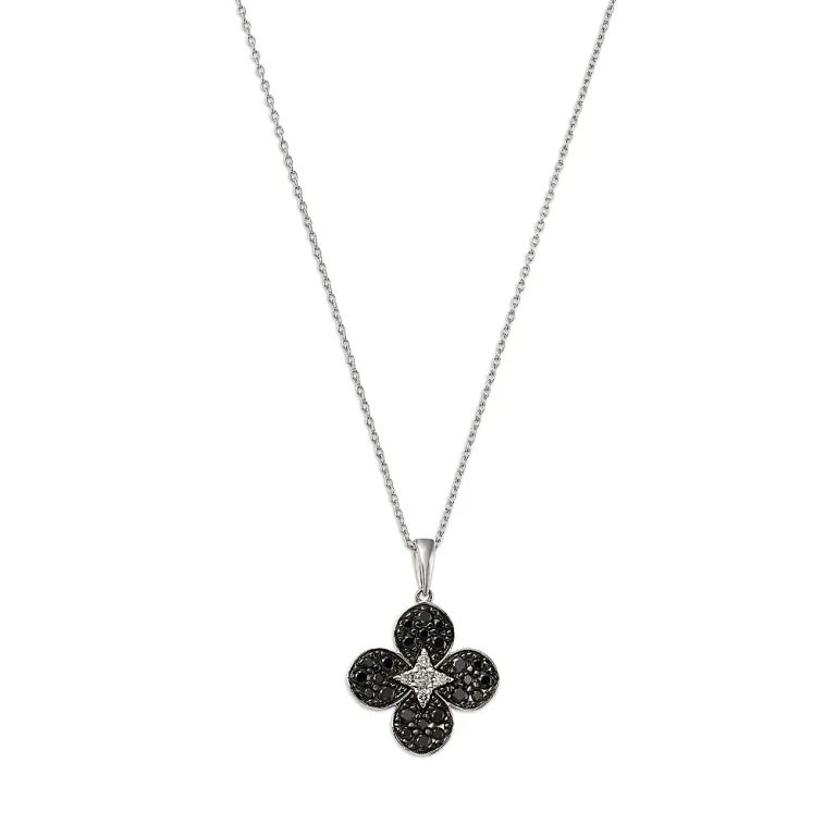 Black & White Diamond Clover Pendant Necklace in 14K White Gold, 0.50 tcw