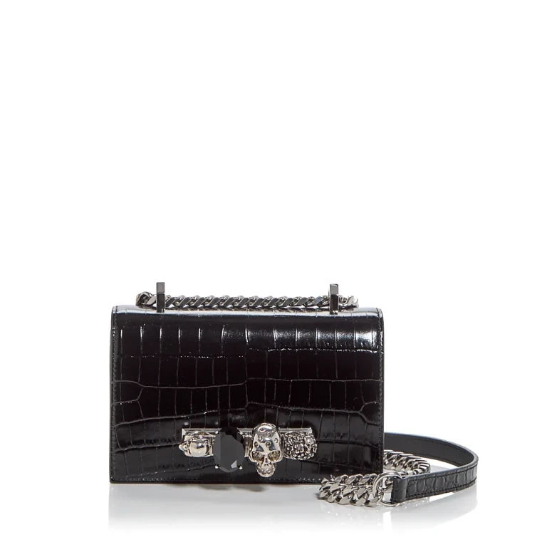 McQueen Mini Jewelled Croc Embossed Leather Shoulder Bag