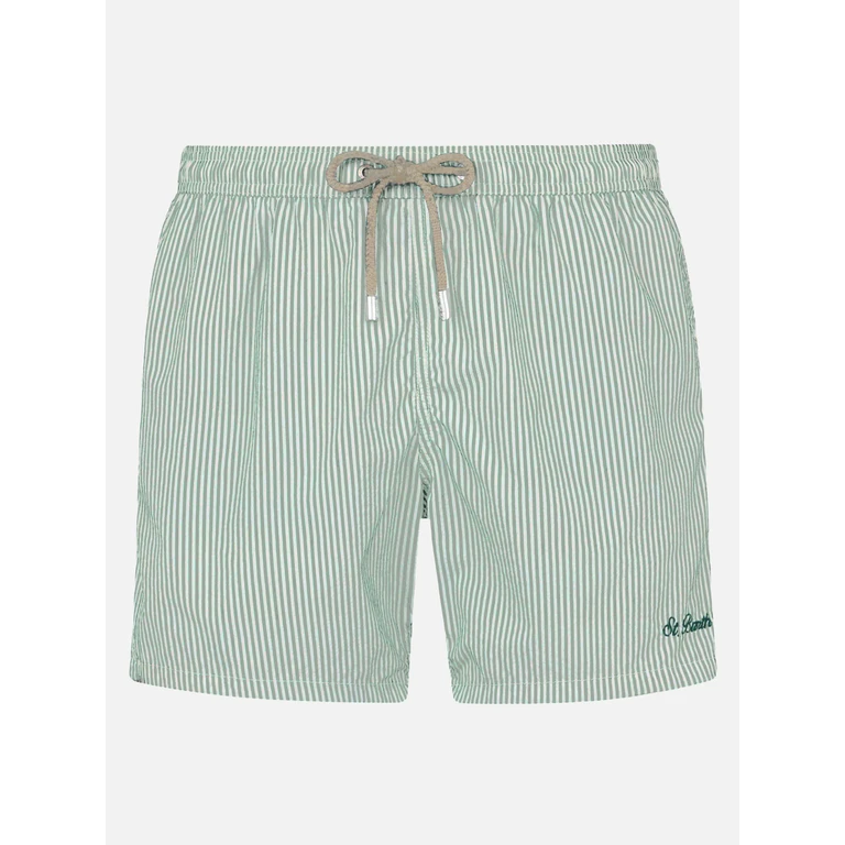 Mc2 Saint Barth Seersucker Sage Green Striped Classic Light Swim Shorts Patmos Swimshort - Men