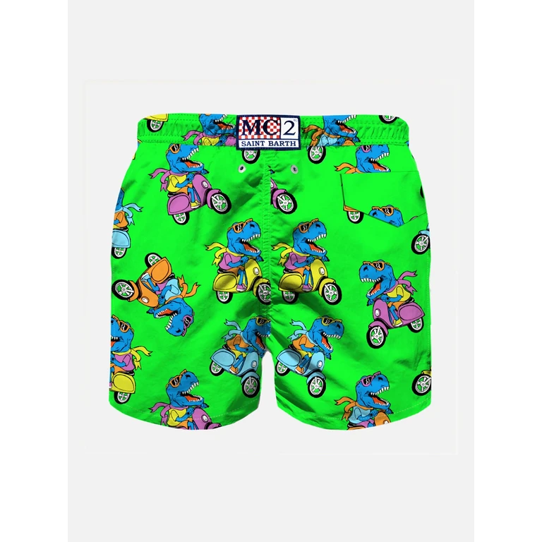 Mc2 Saint Barth Boy Swim Shorts With Multicolor Rider T-Rex Green Swimshort