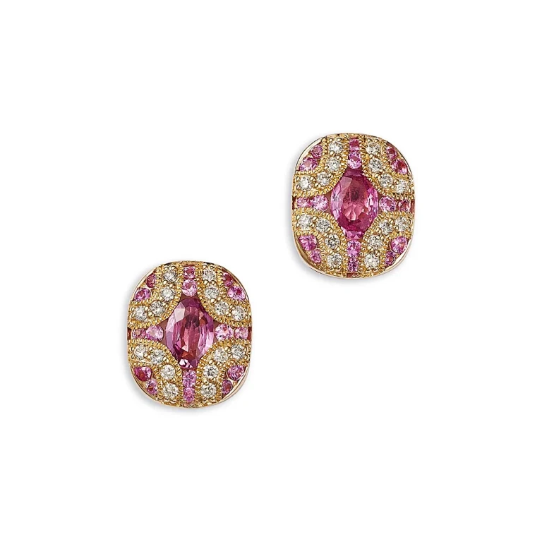 Pink Sapphire & Diamond Stud Earrings in 14K Yellow Gold