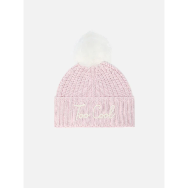 Mc2 Saint Barth Wengen Beanie Cashmere Blend With Pink Too Cool Embroidery And Pom-Pom Hat - Unisex