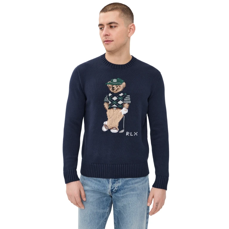 RLX Ralph Lauren Cotton Coolmax Novelty Bear Sweater Refined Navy XXL