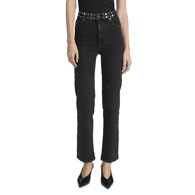 Frame Le Sleek Straight High Rise Studded Jeans in Meteor