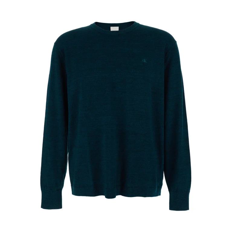 Calvin Klein Blue Crew Neck Sweater With Logo Embroidery On The Front And Dropped Shoulders In Wool For Men