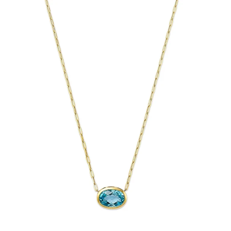 Sky Blue Topaz Oval Bezel Pendant Necklace in 14K Yellow Gold, 16-18