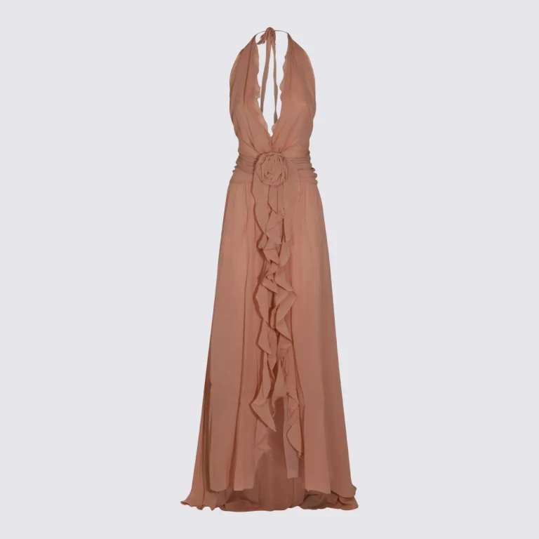Blumarine Dress georgette Long Dress Pink With V-neck And Long Sleeves In Viscose For Women
