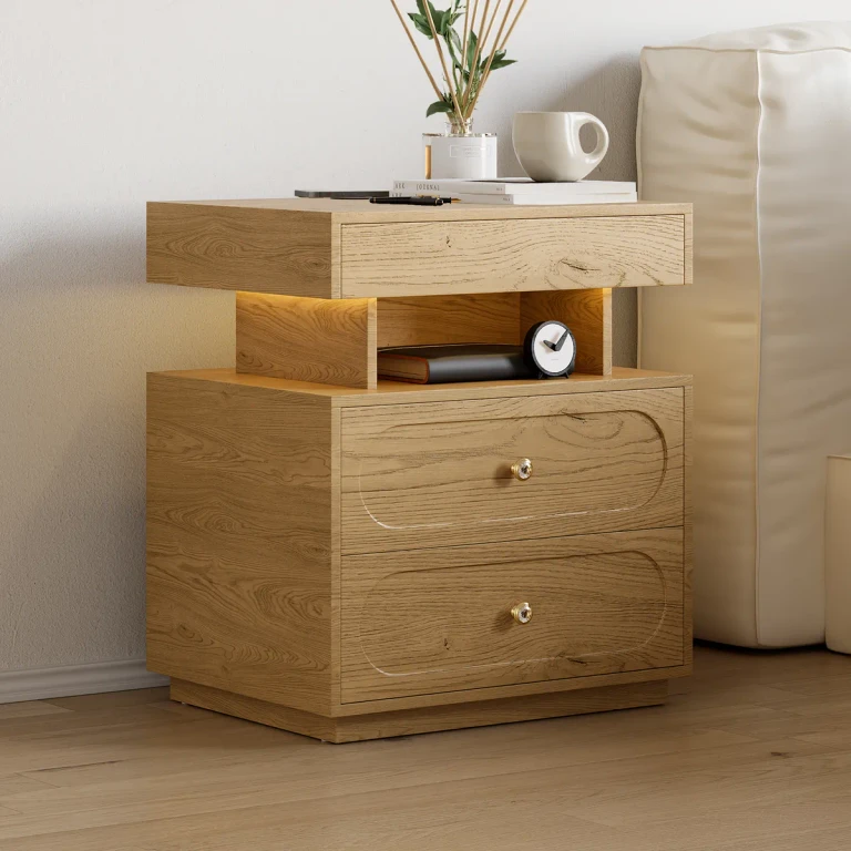 Modern Smart Nightstand with Light 2 Drawer Bedside Table with Charging Station