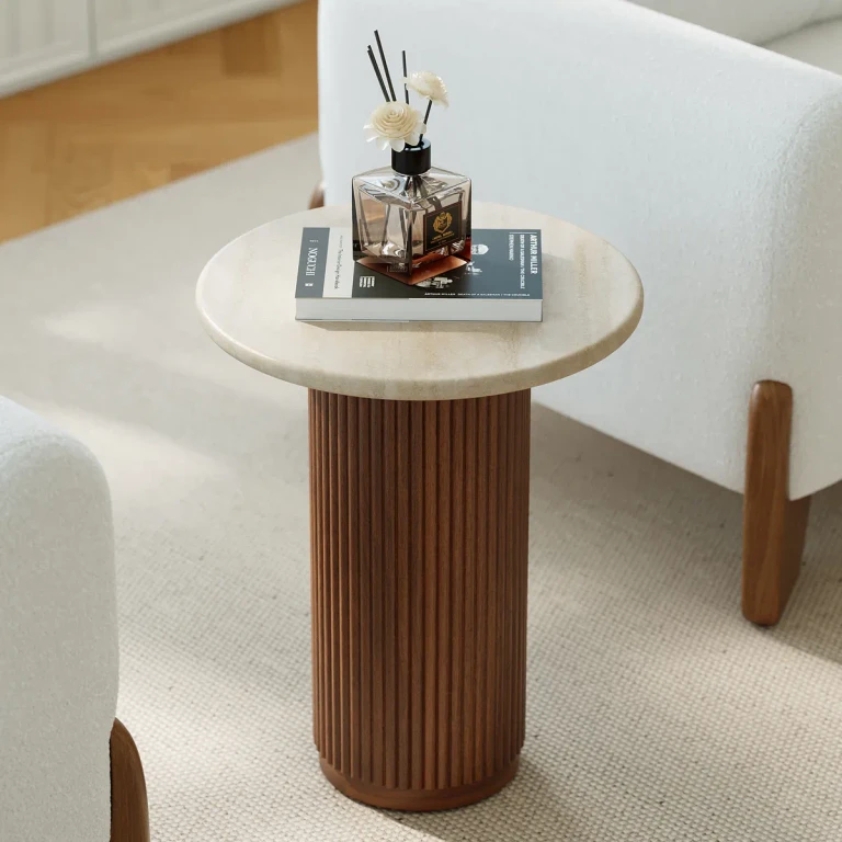 Faux Marble Round End Table Modern Side Table with Wood Base